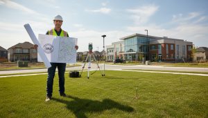 Licensed land surveyor reviewing a property survey map with visible boundary markers and Milton neighbourhood in background