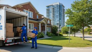 Professional movers carrying boxes into a suburban home in Milton, Ontario with a moving truck parked curbside.