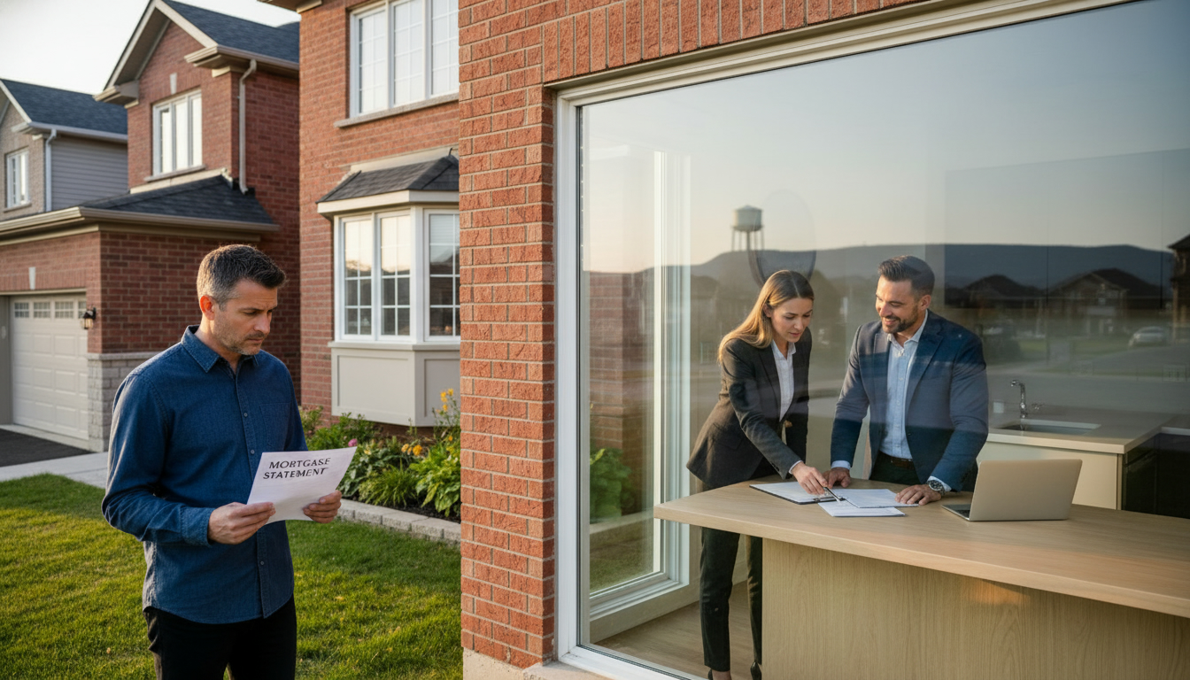 Homeowner in Milton holding mortgage statement while Realtor and lawyer discuss sale documents