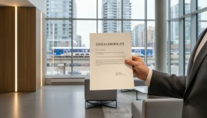 Milton condo lobby with realtor handing over a status certificate document