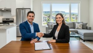 Buyer and seller shaking hands over a signed offer with appliances and furniture visible in a Milton home