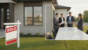 Milton home with sold sign and buyers presenting offers to realtor in a bright modern kitchen.