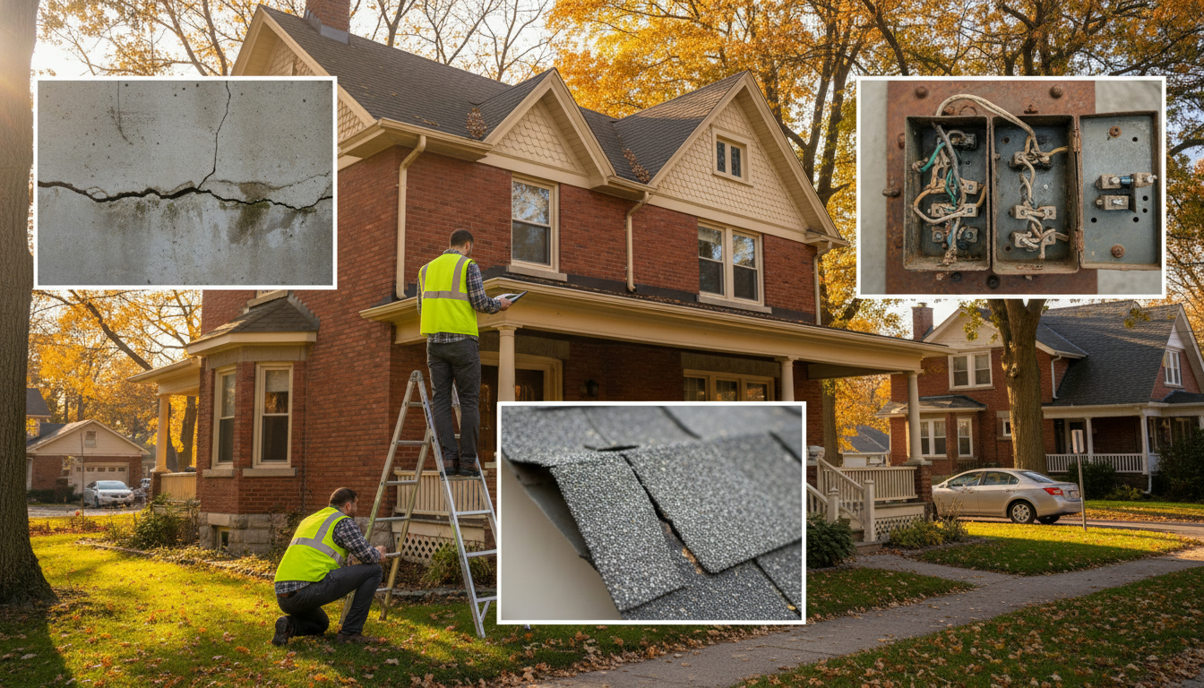 Home inspector examining an older Milton, Ontario house exterior with visible roof and foundation issues, clipboard in hand.
