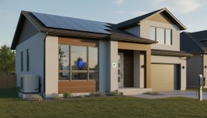 Milton Ontario suburban home showing solar panels, heat pump, and energy-efficient windows with an EnerGuide-style sticker