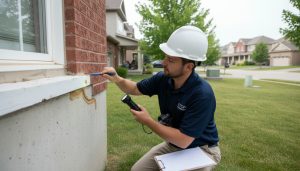 Home inspector examining foundation and wooden trim of a suburban Milton, Ontario house for termite and pest damage