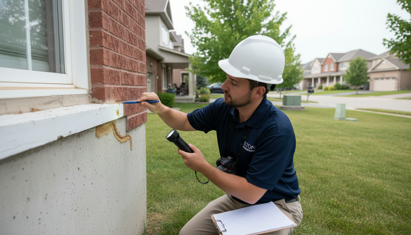 Home inspector examining foundation and wooden trim of a suburban Milton, Ontario house for termite and pest damage