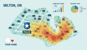 Map of Milton Ontario with crime heatmap overlay, incident pins, and statistical icons