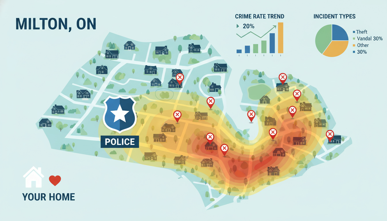 Map of Milton Ontario with crime heatmap overlay, incident pins, and statistical icons