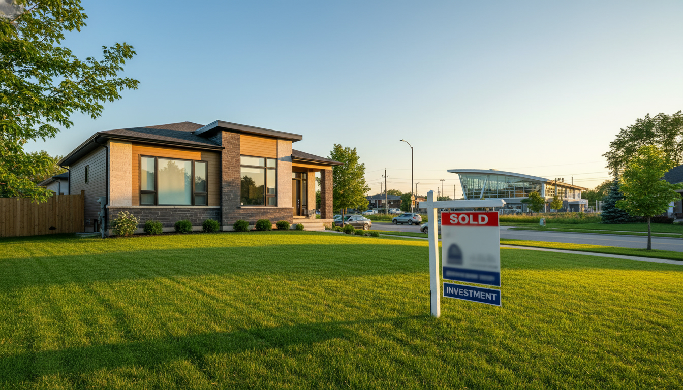 Detached home in Milton Ontario with sold sign and GO transit station in background representing property investment and resale value