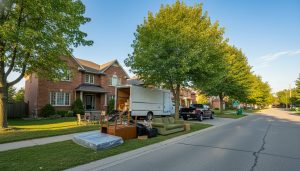 Moving day in Milton, Ontario with furniture on curb and a moving truck, Halton Region waste sign visible