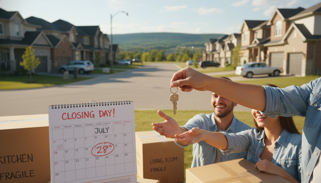 Realtor handing keys to buyers with calendar showing the closing date and moving boxes in a Milton, Ontario neighbourhood.