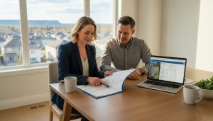 Real estate agent and homeowner reviewing a listing agreement in a Milton home, with laptop showing property listing