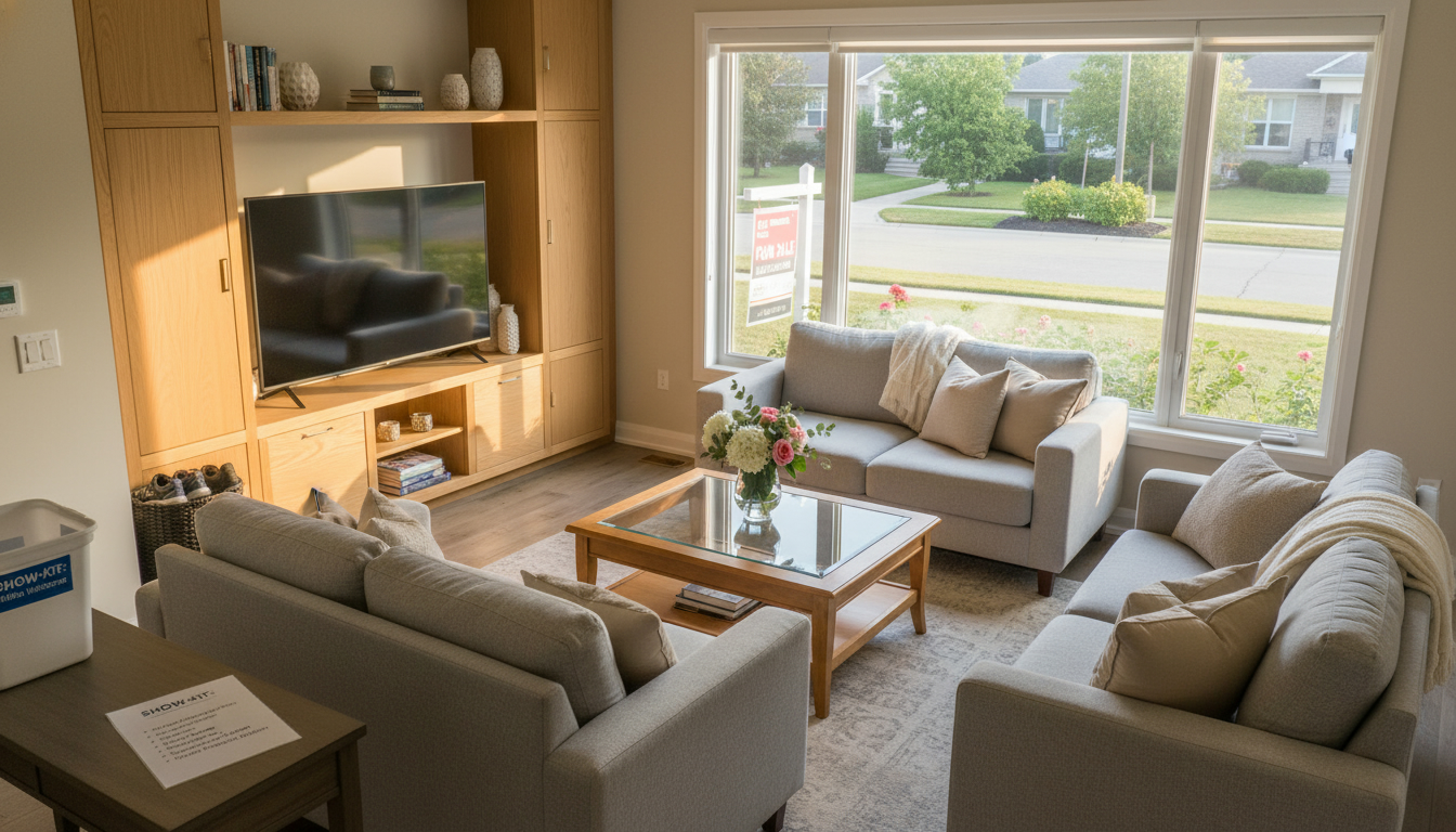 Staged Milton Ontario home interior, tidy living room and entryway ready for showings with neighborhood info sheet visible