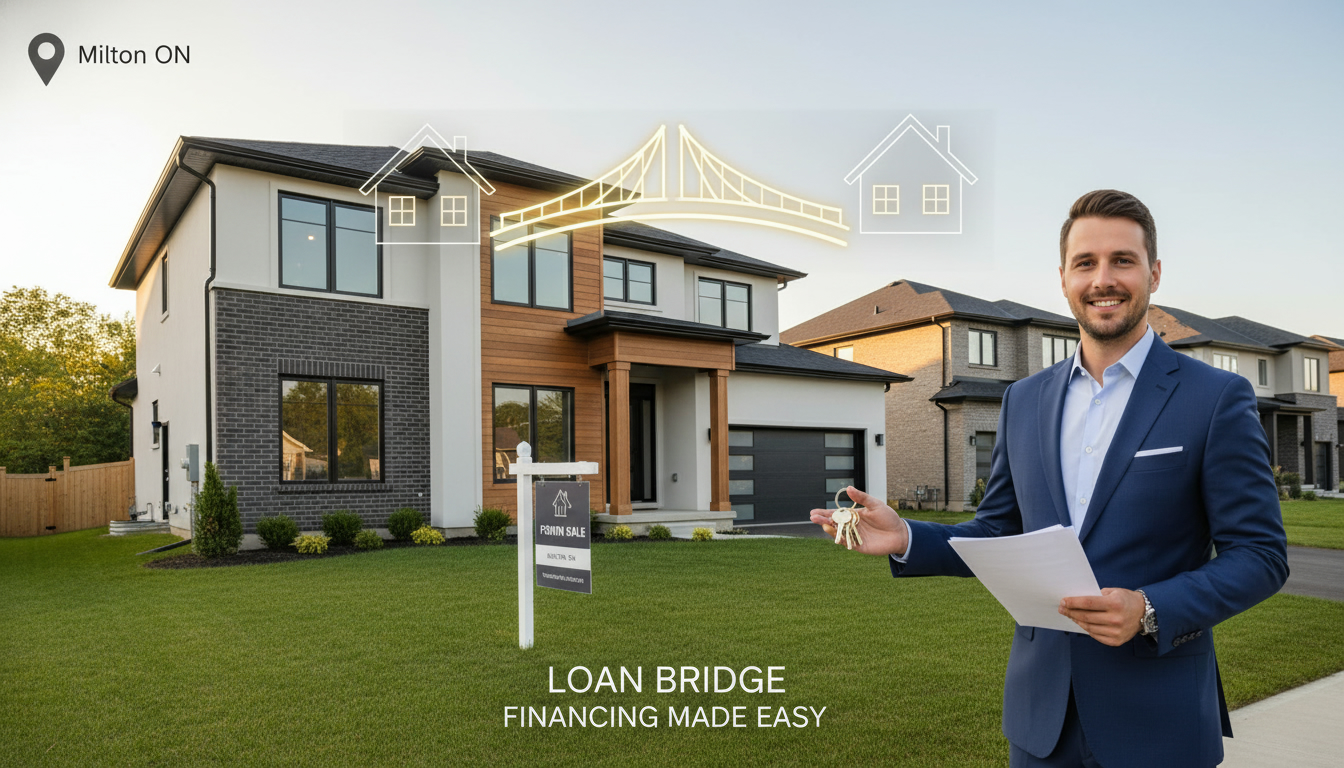 Milton Ontario home for sale with realtor holding paperwork and a graphic showing a bridge loan concept