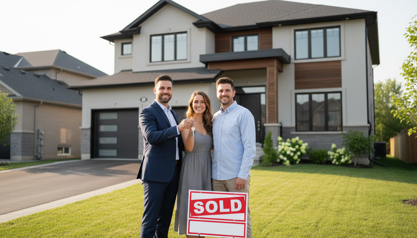 Suburban Milton Ontario home with 'SOLD' sign and agent handing keys to buyers