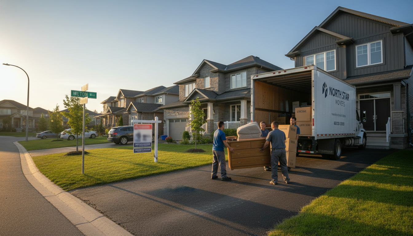 Professional movers unloading a moving truck in a Milton, Ontario neighbourhood during golden hour