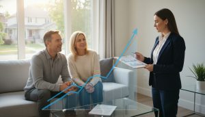 Realtor advising sellers in a Milton, Ontario home with a market graph overlay
