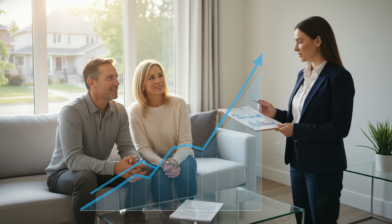 Realtor advising sellers in a Milton, Ontario home with a market graph overlay