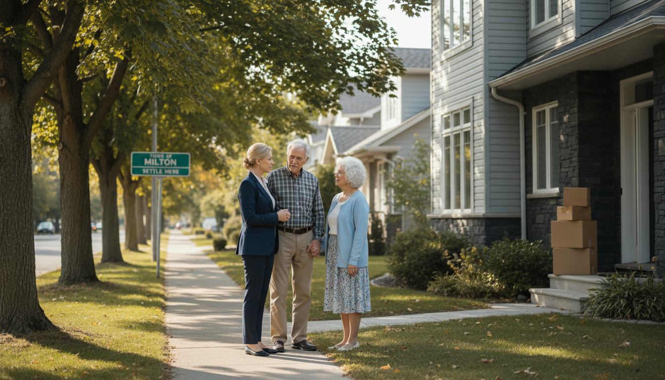 Realtor speaking with elderly couple outside a suburban home in Milton, Ontario with moving boxes.