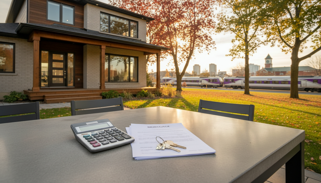 Calculator, mortgage documents and house keys on table with a Milton, Ontario suburban house and GO train in background.