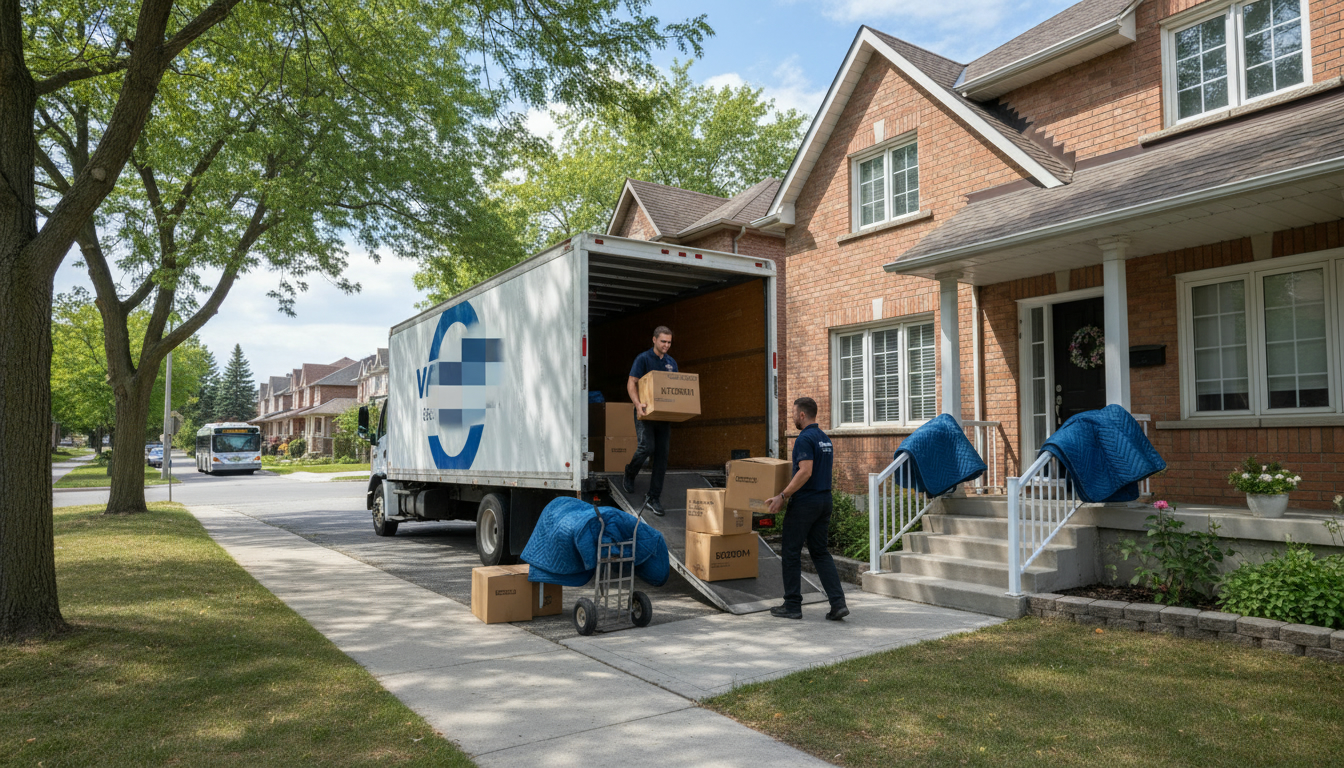 Moving truck and movers outside a suburban home in Milton Ontario with boxes and moving equipment.