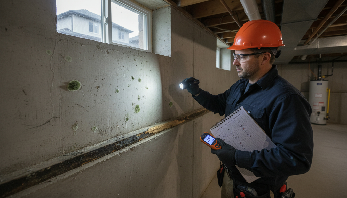 Home inspector inspecting basement in Milton with moisture meter, visible mold and rot, checklist on notepad.