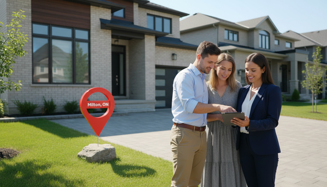 Real estate agent reviewing conditional offer with buyers in front of a Milton home