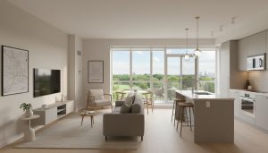 Staged Milton condo living room with balcony overlooking park