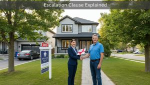 Realtor handing signed offer in front of a Milton, Ontario home with a Sold sign and text 'Escalation Clause Explained'.