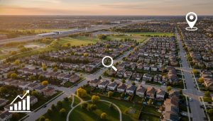 Aerial view of Milton Ontario neighborhood with GO station, parks, and real estate market icons overlay