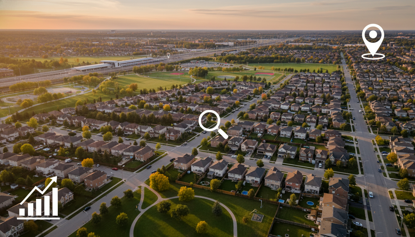 Aerial view of Milton Ontario neighborhood with GO station, parks, and real estate market icons overlay