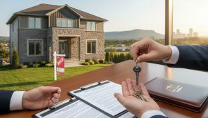 Milton Ontario home with sold sign and keys being exchanged, paperwork on table