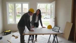 Realtor advising homeowner and contractor on renovation financing with Milton neighborhood in background