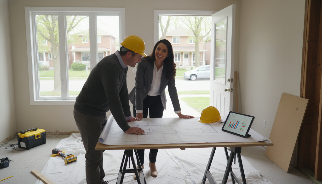 Realtor advising homeowner and contractor on renovation financing with Milton neighborhood in background
