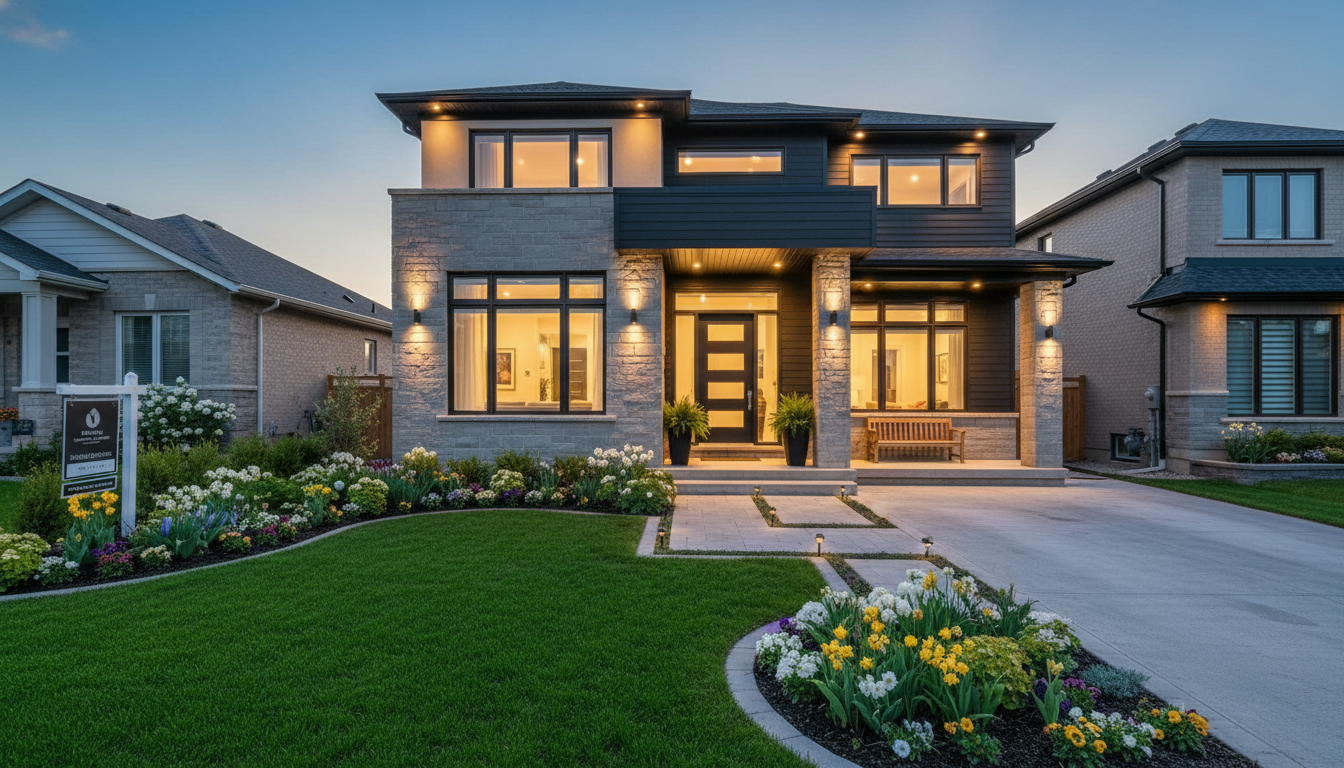 Milton Ontario house with professional landscaping, lit pathways, and a For Sale sign showcasing strong curb appeal