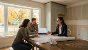 Realtor and couple reviewing renovation plans in a partially renovated house in Milton, Ontario.