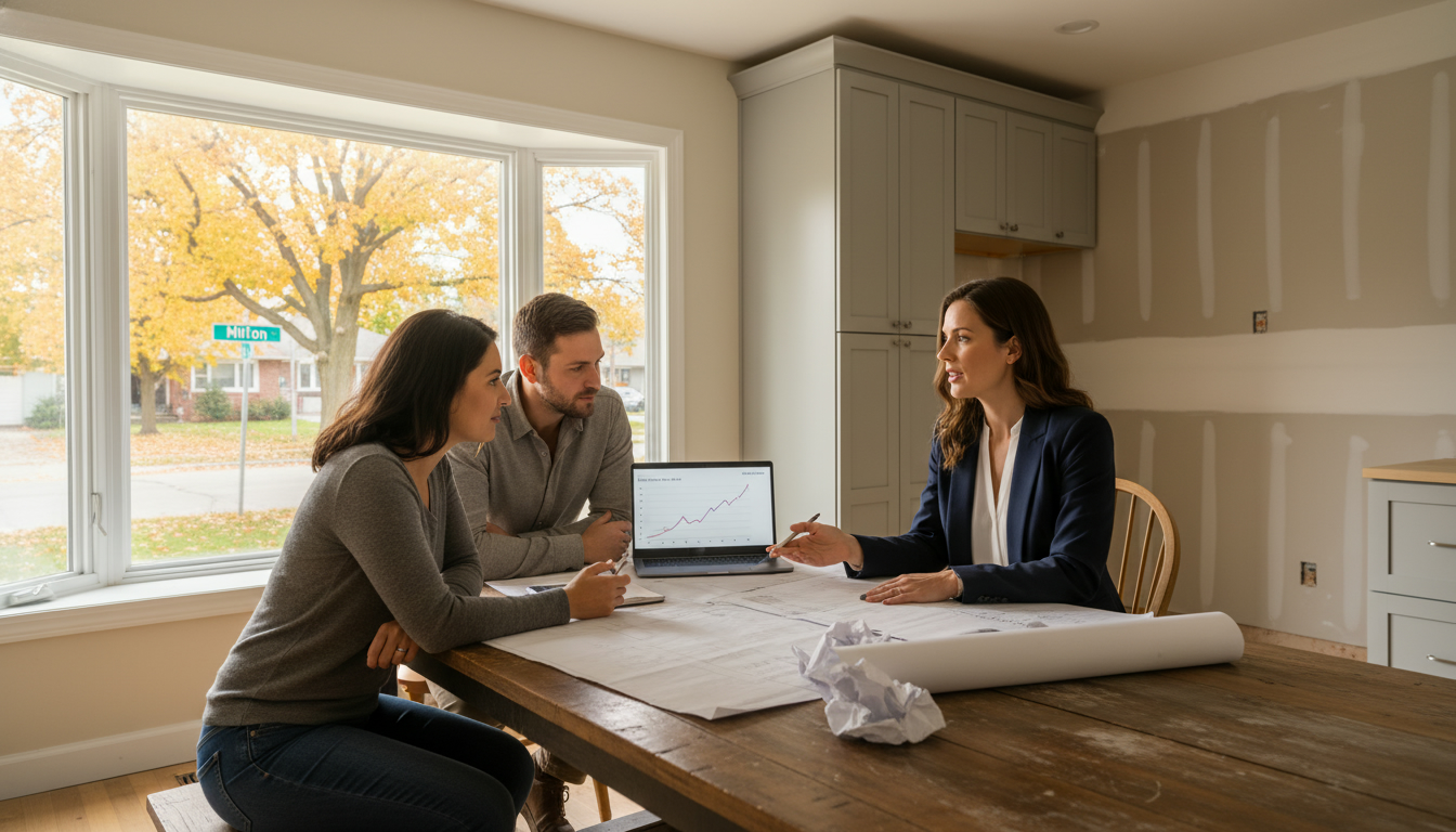 Realtor and couple reviewing renovation plans in a partially renovated house in Milton, Ontario.