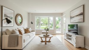 Staged Milton living room with neutral walls and no family photos, bright and tidy for showings