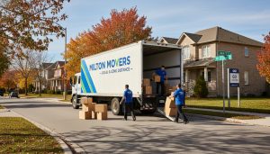 Professional movers loading a moving truck on a suburban Milton, Ontario street with autumn trees and local street signs