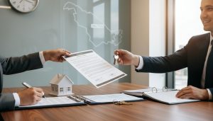 Real estate lawyer desk with documents, keys, and a clock representing closing day in Milton, Ontario