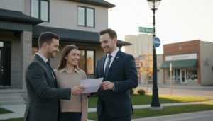 Realtor handing signed offer to couple outside modern home in Milton, Ontario