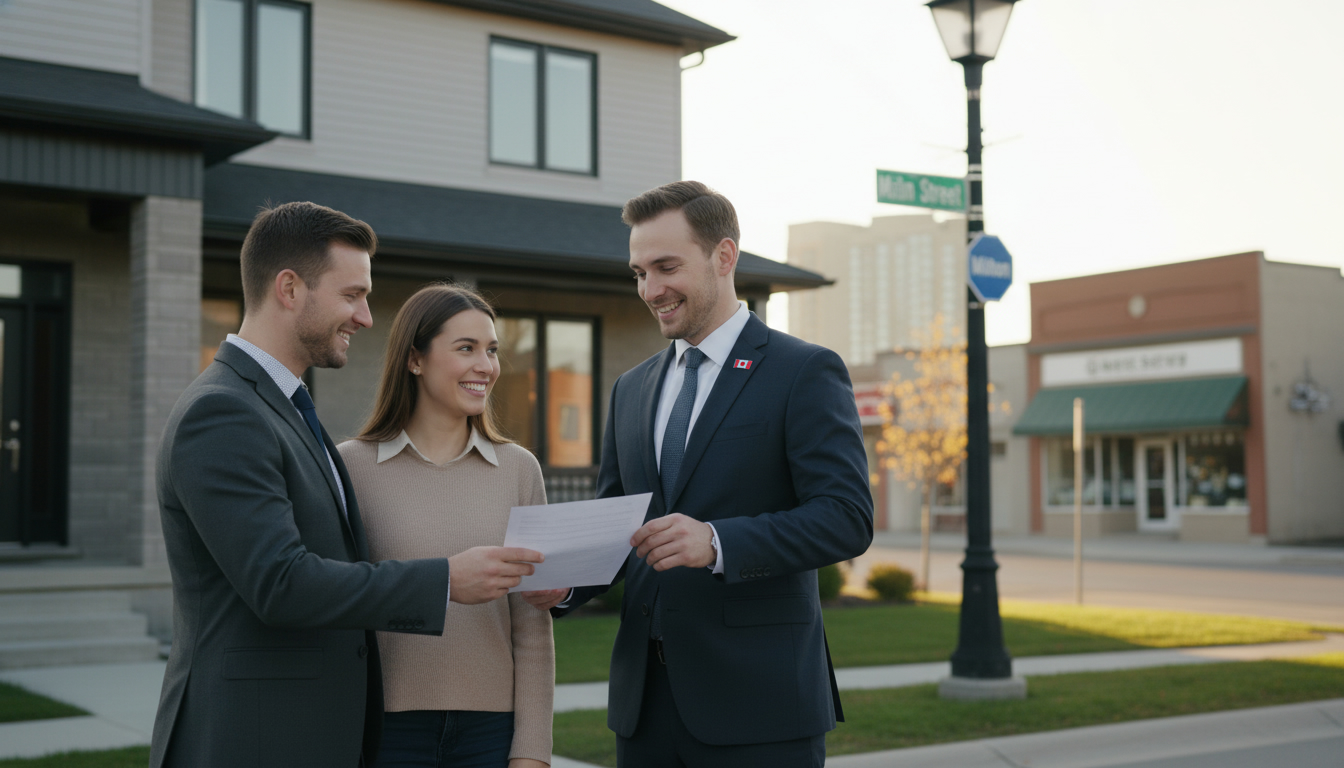 Realtor handing signed offer to couple outside modern home in Milton, Ontario