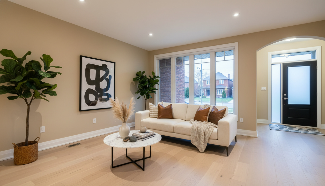 Staged modern living room in a suburban Milton home with neutral decor and bright natural light
