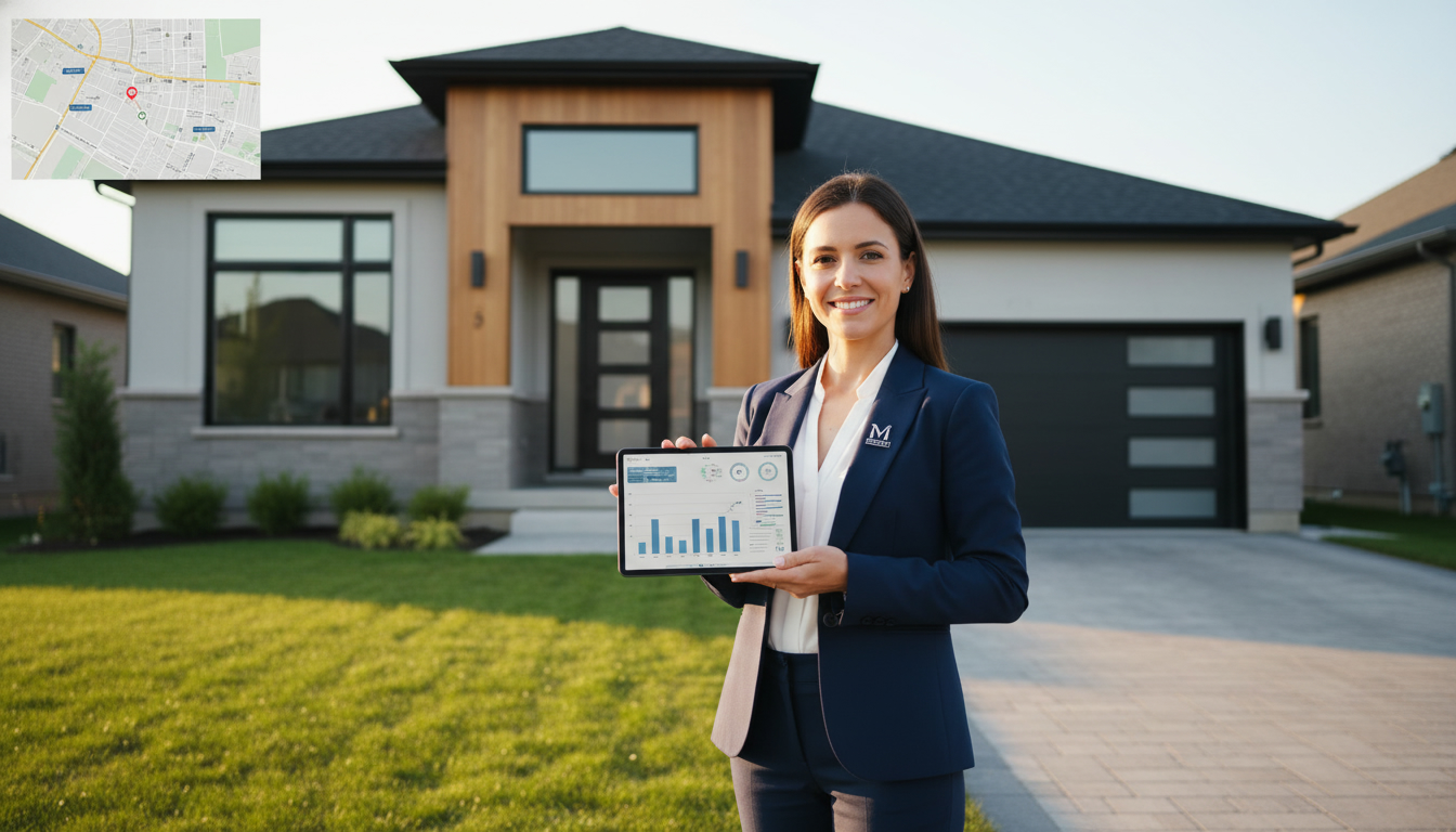 Real estate agent showing market data on a tablet in front of a Milton, Ontario home with map inset showing Milton location.