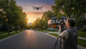 Professional photographer taking golden-hour photos of a modern Milton, Ontario home with drone overhead