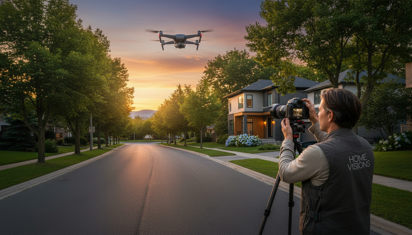 Professional photographer taking golden-hour photos of a modern Milton, Ontario home with drone overhead