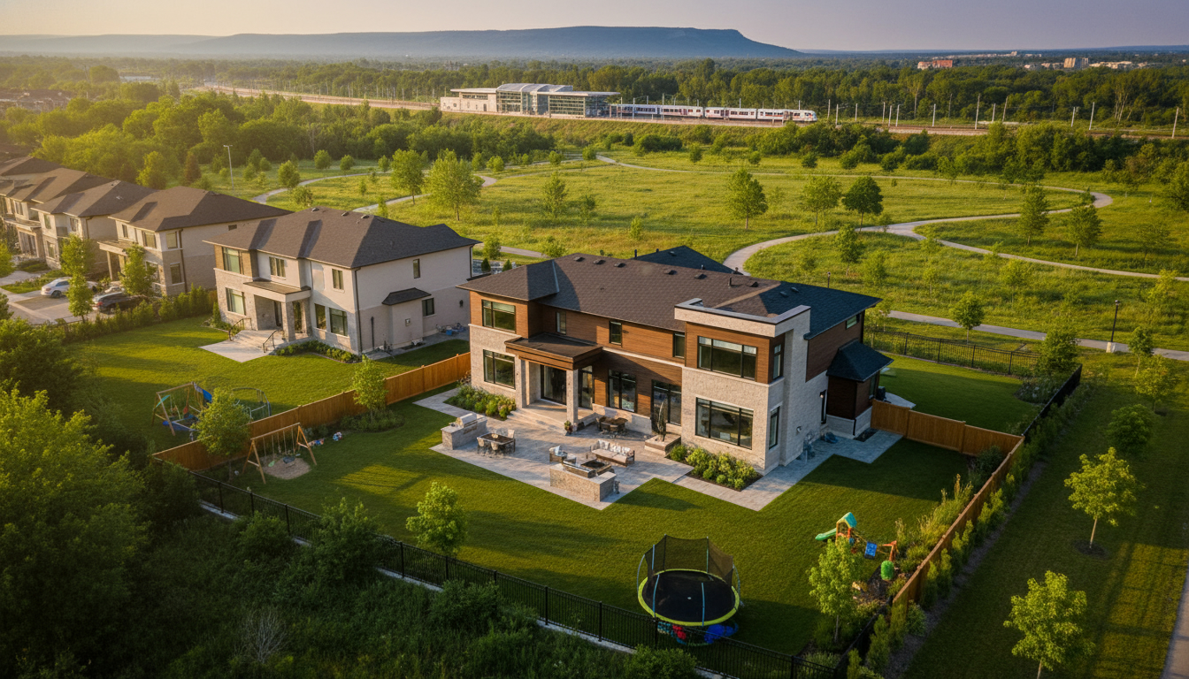 Cinematic aerial view of a Milton, Ontario home with green space and nearby commuter train station at golden hour.