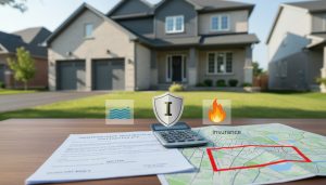 Suburban Milton Ontario home with insurance documents, calculator and map overlay indicating local risks like flood and fire