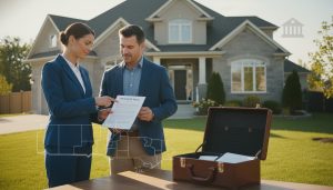 Milton property deed review with realtor and lawyer, map outline of Milton and courthouse silhouette.