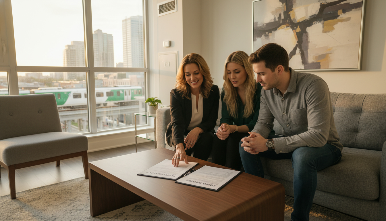 Realtor reviewing status certificate with buyers in a Milton condo; Milton skyline and GO train visible through window.